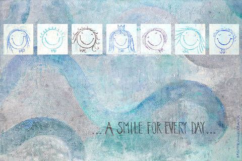 Das Wandbild 'A smile for every day - blau' von Brigitte Anna Franck hat einen blauen wellenförmigen Hintergrund. Im oberen Bildbereich sind 7 Quadrate mit 7 lächelnden Smileys, jeder steht für einen Tag. Ein fröhliches Wandbild für die Arztpraxis.