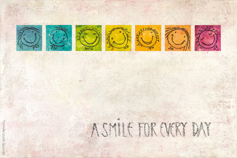 120x80 cm großes Wandbild von Brigitte Anna Franck mit dem Titel 'A smile for every day_120x80'. Das fröhliche Wandbild zeigt 7 lächelnde Smileys, die jeweils für einen Wochentag stehen. Der Bildhintergrund ist hell bis zart rosa.