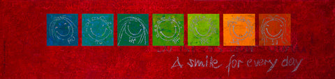 Wandbild von Brigitte Anna Franck in der Größe 170x40 cm auf bordeauxfarbenen Hintergrund mit 7 lächlenden Smileys in bunten Farben.