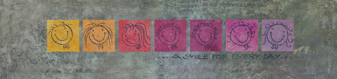 Das Wandbild 'A smile for every day_grau' zeigt 7 lächelnde Smileys auf einem mittelgrauen Hintergrund in einer Farbpalette von gelb über orange und lila zu zartlila. Jeder smiley steht für einen Wochentag. Das Bild der Künstlerin Brigitte Anna Franck trägt den Titel 'A smile for every day' und ist sehr beliebt in Arztpraxen und Therapieräumen.
