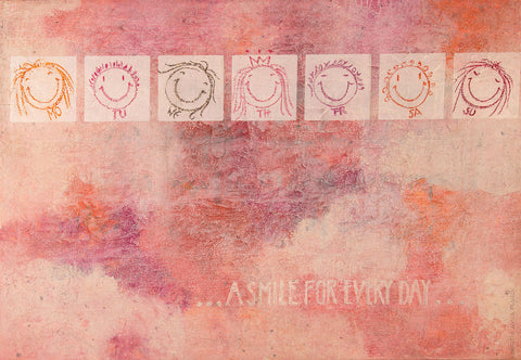 Wandbild 'A smile for every day' von Brigitte Anna Franck. Hier in der Grundfarbe rosé mit orange und lila. 7 lächelnde Smileys, die für jeden Wochentag stehen, lächeln uns an. Der Bildtitel heißt: A smile for every day.