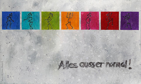 Das Wandbild 'Alles außer normal' von Brigitte Anna Franck  zeigt 7 stilisierte Smileys in der Bewegung. Der Bildhintergrund ist hellgrau gespachtelt. Im unteren Bildbereich der Titel: Alles ausser normal!