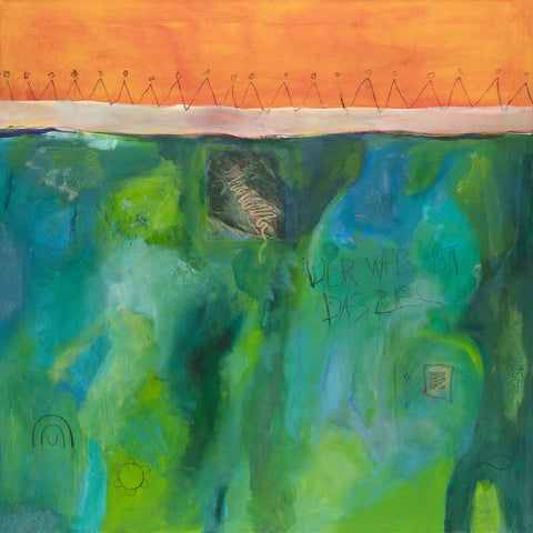 Wandbild von Brigitte Anna Franck mit dem Titel: Der Weg ist das Ziel in blau+grünen Farbtönen sowie der Farbe orange im oberen Bildrand. Motivationskunst bei ART FOR SMILING ROOMS.