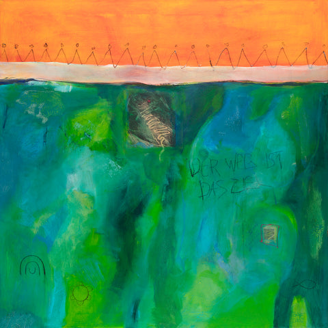 Wandbild von Brigitte Anna Franck mit dem Titel: Der Weg ist das Ziel in blau+grünen Farbtönen sowie der Farbe orange im oberen Bildrand. Motivationskunst bei ART FOR SMILING ROOMS.