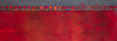 Viele lächelnde Kinderköpfe im oberen Bildbereich und zwichendrin der Bildtitel 'Glückskinder'. Ein schönes Wandbild für den Kindergarten von Brigitte Anna Franck.