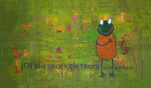 Das Wandbild 'Ich bin doch kein Frosch' von Brigitte Anna Franck zeigt einen Frosch auf einer kräftig grünen Blumenwiese mit dem Bildtitel Ich bin doch kein Frosch ....