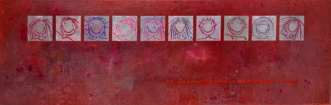 10 lächelnde Smileys zeigt das Leinwandbild von Brigitte Anna Franck auf einem bordeaufarbenen Hintergrund. Das Bild hat die Größe 190x60 cm und ist beliebt in Praxen und Therapieräumen.