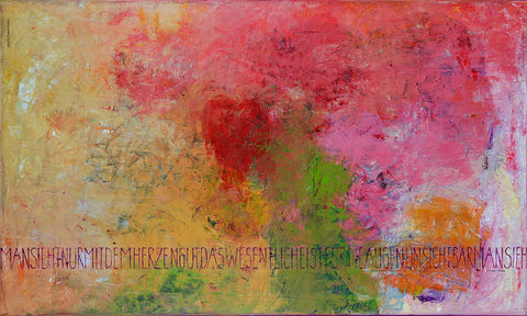  "Man sieht nur mit der Herzen gut" von Brigitte Anna Franck ist ein wundervolles Bild sowohl in Ihrem Wohnzimmer als auch in der Arztpraxis. Das Bild ist sehr farbenfroh mit rot-rosa-orange und grünen Farben, in der Bildmitte ein stilisiertes Herz, am unteren Bildrand die Reihung des Bildtitels: Man sieht nur mit dem Herzen gut.