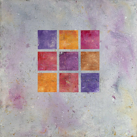 Wandbild 'Transformation' mit 9 gleichen Feldern in der Bildmitte in den Farben lila-orange-pink-gelb. Die 9 Felder des Bildes stehen für die Zahl 9 in der Numerologie. Die 9 ist die Zahl der Veränderung und weist den Weg in eine neue Richtung. Das Symbolwerk der Malerin Brigitte Anna Franck gehört in jede therapeutische Praxis wo es energetisch hilfreich unterstützen kann.