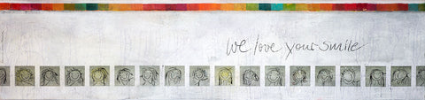 Wandbild auf hellgrauem Hintergrund mit dem Schriftzug 'We love your smile' und 18 lächelnden Smileys von der Künstlerin Brigitte Anna Franck für Ihre Arztpraxis kaufen.