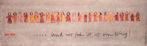 Wandbild ' Und wer froh ist ... ist ein König' der Künstlerin Brigitte Anna Franck in der Größe 190x60 cm erfreut die Patienten im Wartezimmer der Arztpraxen. 25 farbige und lustige Könige auf hellgrauen Hintergrund erfreuen den Betrachter.