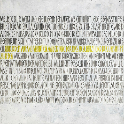 Der Text des Gedichtes zieht sich in einer endlos erscheinenden Aneinanderreihung von Buchstaben und Wörtern über die Leinwand. Wie Perlen an einer Schnur, führt Letter um Letter zu einem neuen Wort. Das besagt Zitat erscheint dabei in Gelb aufleuchtender Farbe. "Mein Lieblingsgedicht" von Brigitte Anna Franck ist ein hervorragendes Wandbild, nicht nur in der Praxis sondern auch in Ihrem Zuhause.