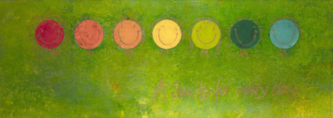 A smile for every day_green: Wandbild in der Größe 170x60 cm mit 7 lächelnden Smileys auf kräftig grünem Hintergrund. Aus der beliebten Serie der Künstlerin Brigitte Anna Franck