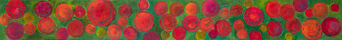 Wandbild 'Glück' in der Größe 170x20 cm von Brigitte Anna Franck. Farbige, unterschiedlich große lächelnde Gesichter in rot,orange Tönen verschiedener Größen. Das Bild ist vertikal und horizontal aufhängbar.