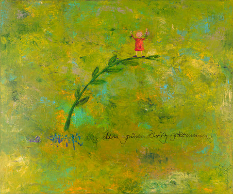 Das Wandbild 'Auf den grünen Zweig gekommen' von Brigitte Anna Franck ist in kräftigen Grüntönen gemalt. In der Bildmitte sieht man einen Zweig. Auf dem oberen Ende steht ein lächelnder Smiley, der die Arme hochhebt. Der Bildtitel im unteren Bereich lautet: Auf den grünen Zweig gekommen!