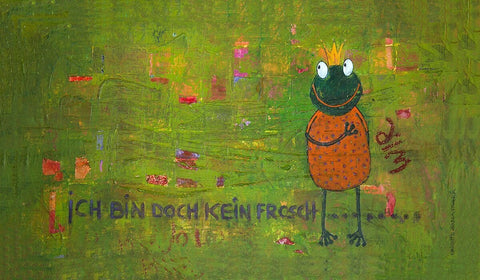 Das Wandbild 'Ich bin doch kein Frosch' von Brigitte Anna Franck zeigt einen Frosch auf einer kräftig grünen Blumenwiese mit dem Bildtitel Ich bin doch kein Frosch ....