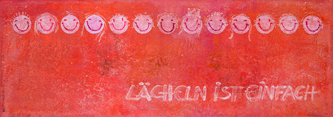 Ein Wandbild in der Farbe lachsrot. Im oberen Bereich des Bildes eine Reihung von 13 lächelnden Gesichtern und dem Motivationsspruch ' Lächeln ist einfach' im unteren Bereich. Ein Motivationsbild der Künstlerin Brigitte Anna Franck von ART FOR SMILING ROOMS.