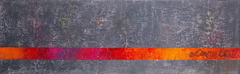 Wandbild auf mittelgrauem Hintergrund und einem Farbband in den Farben rot-orange-pink-lila der Schriftzug "Love it". Ein schönes Wandbild von Brigitte Anna Franck