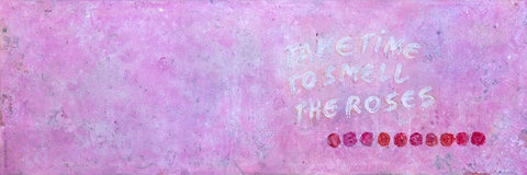 Wandbild in der Größe 190x60 cm für Wohnräume in der Farbe lila und dem Bildtitel 'Take time to smell the roses'