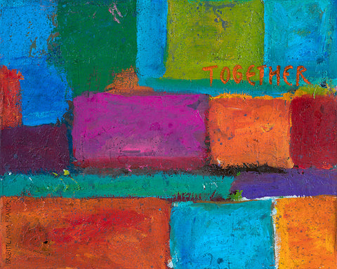 Wandbild 'Together' von Brigitte Anna Franck hat die Größe 100x80 cm. Es ist sehr farbenfroh in bunten Farbtönen, die sich rechteckig aneinanderreihen. Alle zusammen ergeben diese hervorragende Kunstwerk für die Arztpraxis oder auch im Büro.